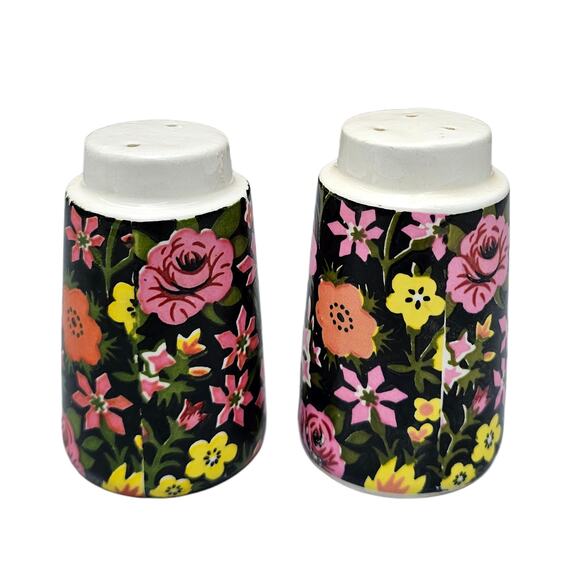 VTG NapcoWare Salt Pepper Shaker Set Pink Black Moody Mod Floral C-7681 Japan - Picture 4 of 8